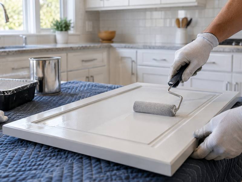 Gloved hands rolling white paint onto a cabinet door laid flat on a padded table.