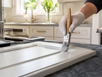 A gloved hand brushing white paint along the edge of a cabinet door on a padded table.
