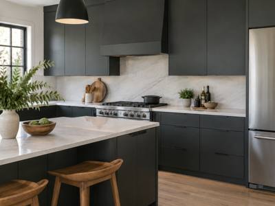 A charcoal grey painted kitchen with a white-topped island and wood stools.