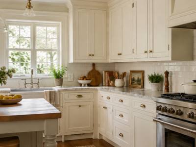 A cream painted kitchen with a butcher-block island and a range.