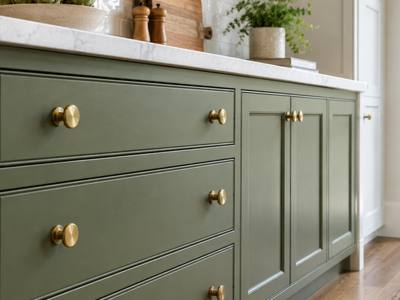 Sage green island drawer fronts with round brass knobs.