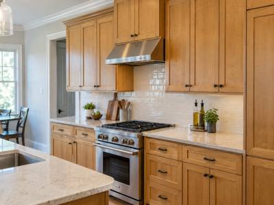 A honey maple stained kitchen with a stone-topped island.
