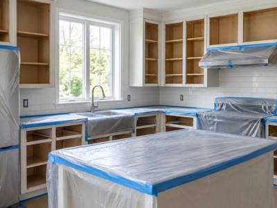 An Erin Mills kitchen with every door removed and the counters and island wrapped in plastic and tape.