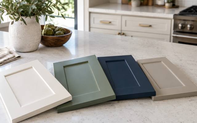Four painted sample doors in white, sage, navy and greige laid on a counter.
