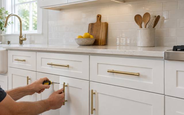 Hands fitting brass bar pulls onto white shaker drawers.