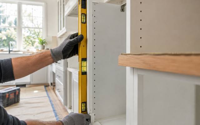 An installer holding a level against a cabinet box.