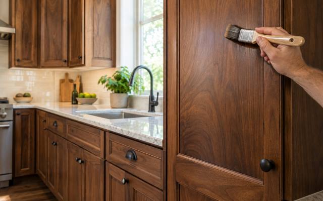 A dark walnut stained kitchen with a hand brushing finish onto a tall door.