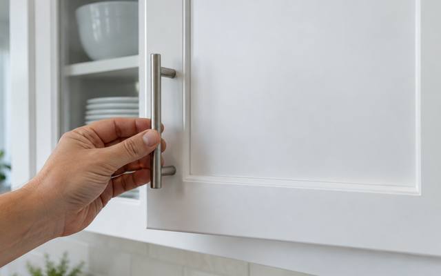 A hand opening a smooth white cabinet door with a sprayed finish.
