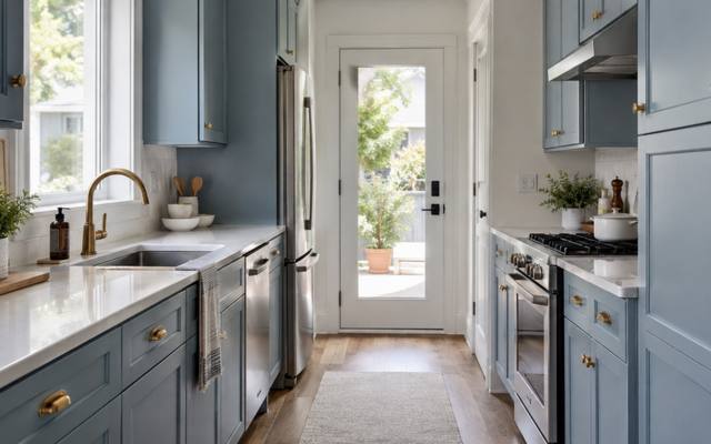 A blue-grey painted galley kitchen with cabinets along both walls.