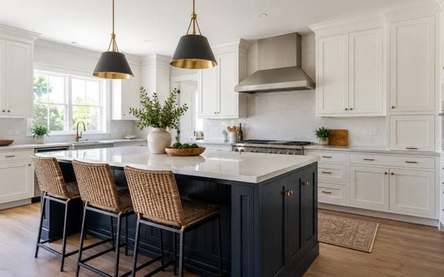 A navy blue island in front of white perimeter cabinets under pendant lights.