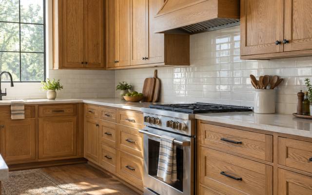 A golden oak kitchen with a range and tile backsplash before any painting.