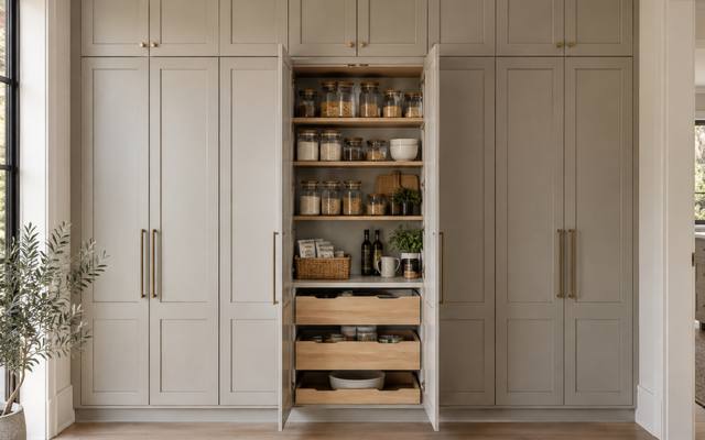 Light grey floor-to-ceiling pantry cabinets with one pantry door open.