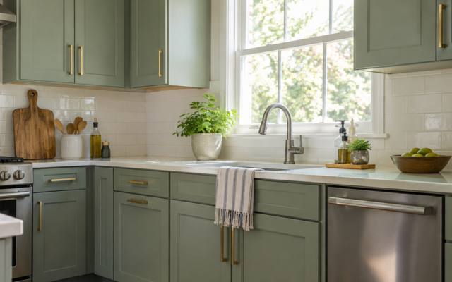 A sage green kitchen with green uppers and lowers, brass pulls and a window over the sink.