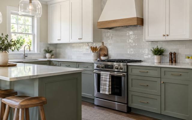 A two-tone kitchen with sage green lower cabinets under white uppers.