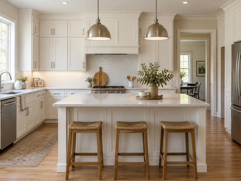 A bright white shaker kitchen with a wood-topped island, stools and a range.